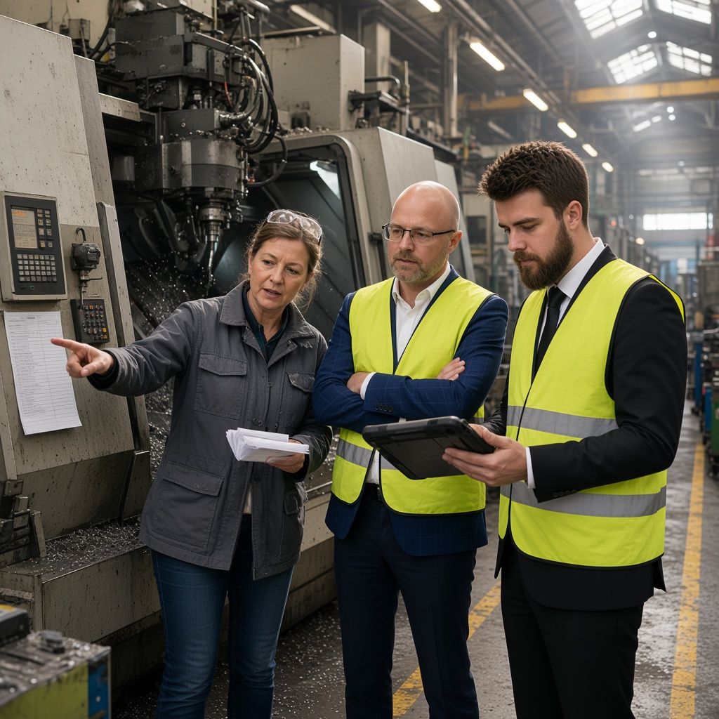 Stefan Hofmayr und Alexander Krauck mit einer Werksleiterin an einer CNC-Maschine, sie zeigt auf Papier-Auftragsscheine